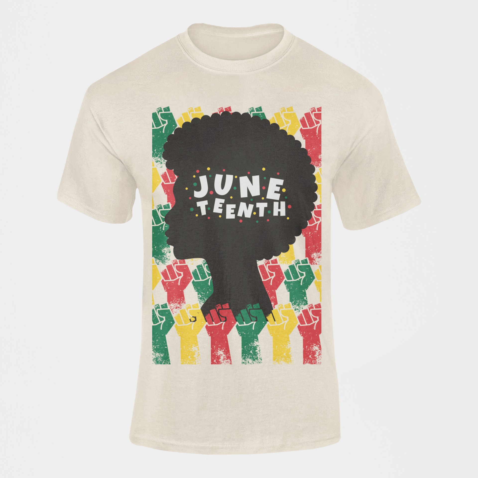 Natural short sleeve crewneck T-shirt with colorful 'JUNETEENTH' afro graphic