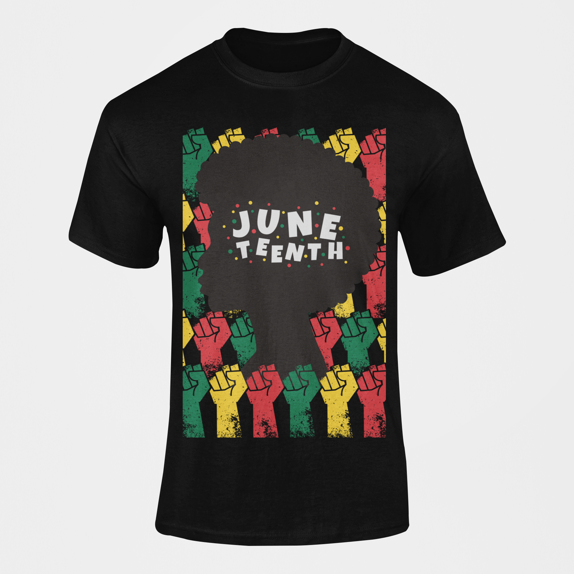 Black short sleeve crewneck T-shirt with colorful 'JUNETEENTH' afro graphic
