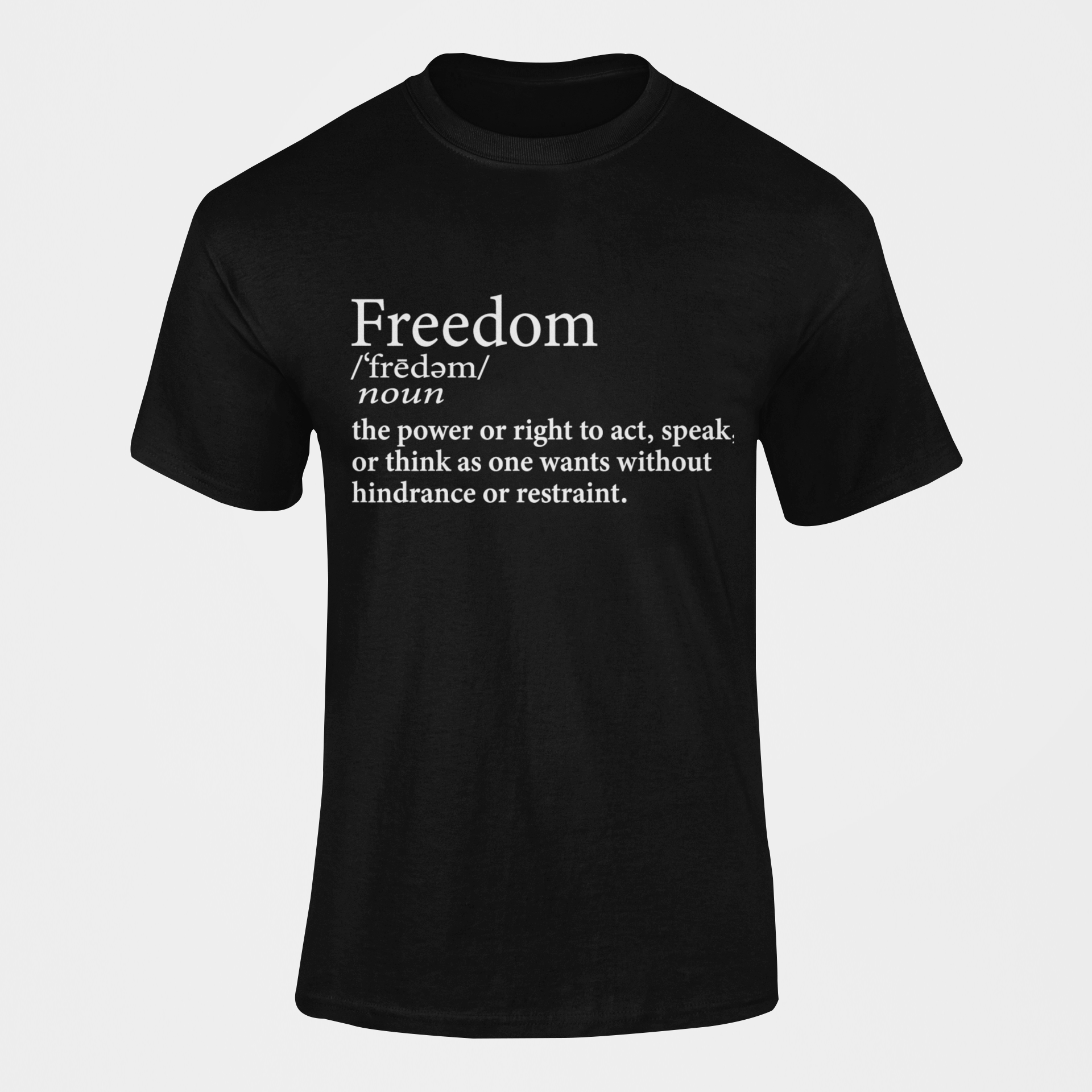 Black short sleeve crewneck T-shirt with Freedom definition graphic on front