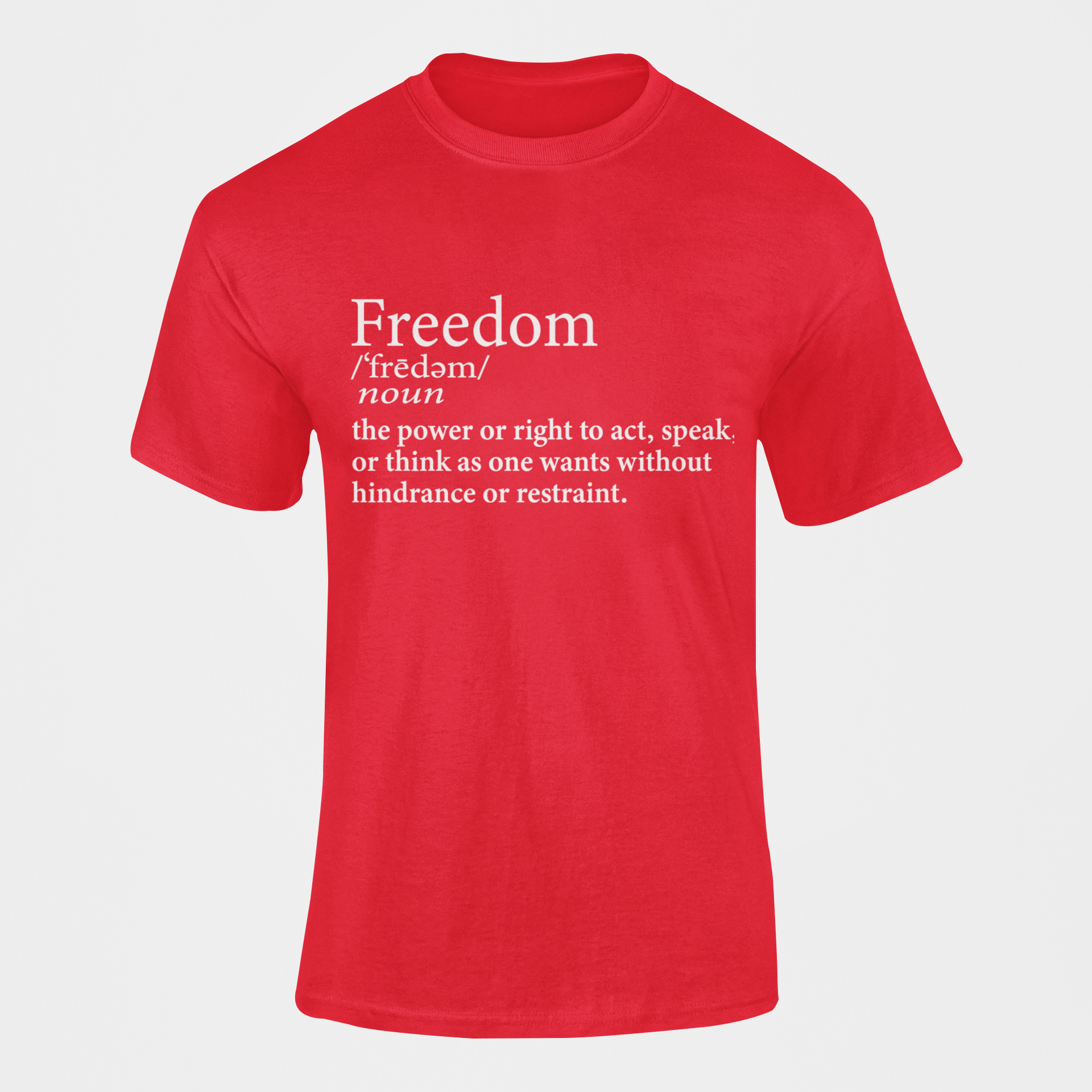 Red short sleeve crewneck T-shirt with Freedom definition graphic on front