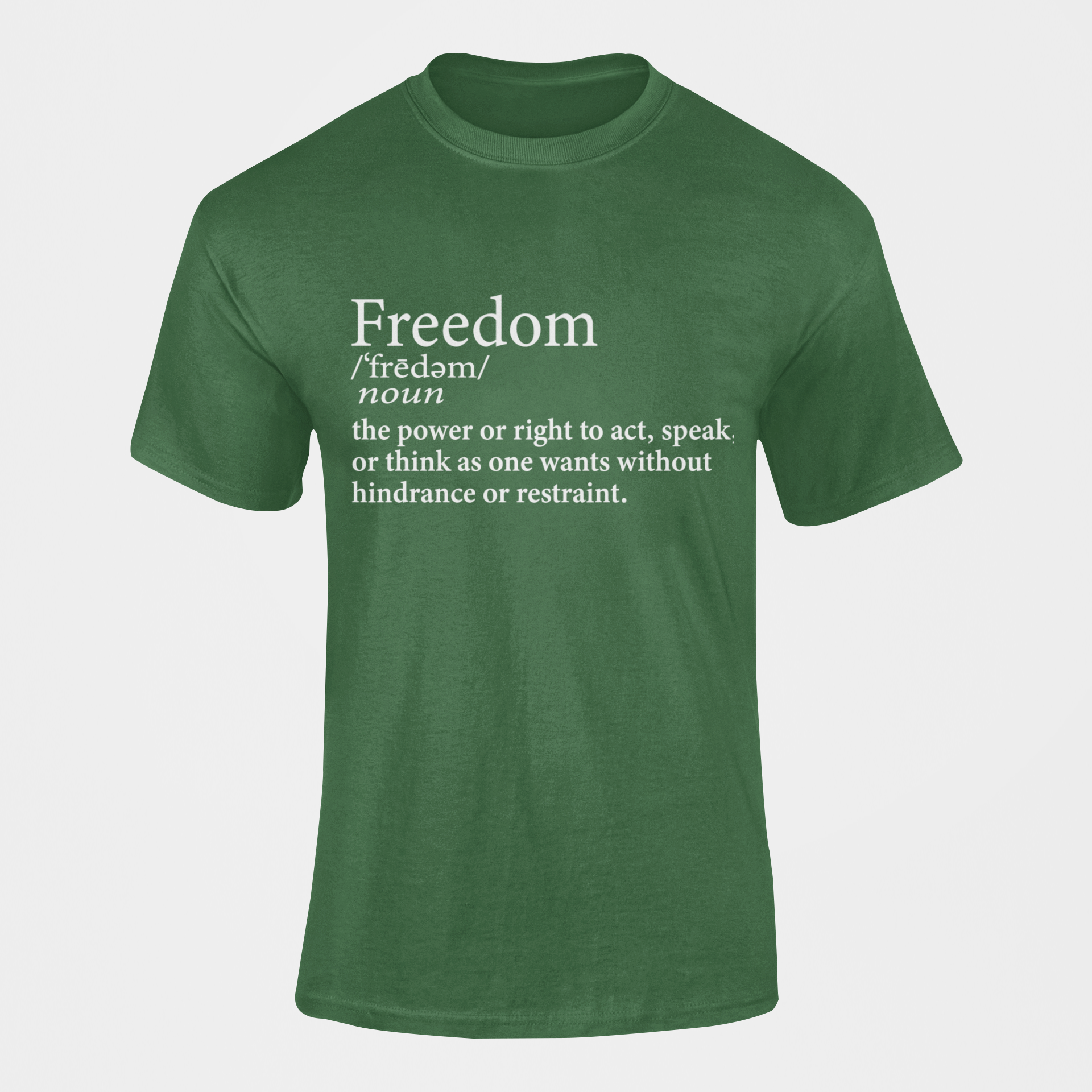 Green short sleeve crewneck T-shirt with Freedom definition graphic on front
