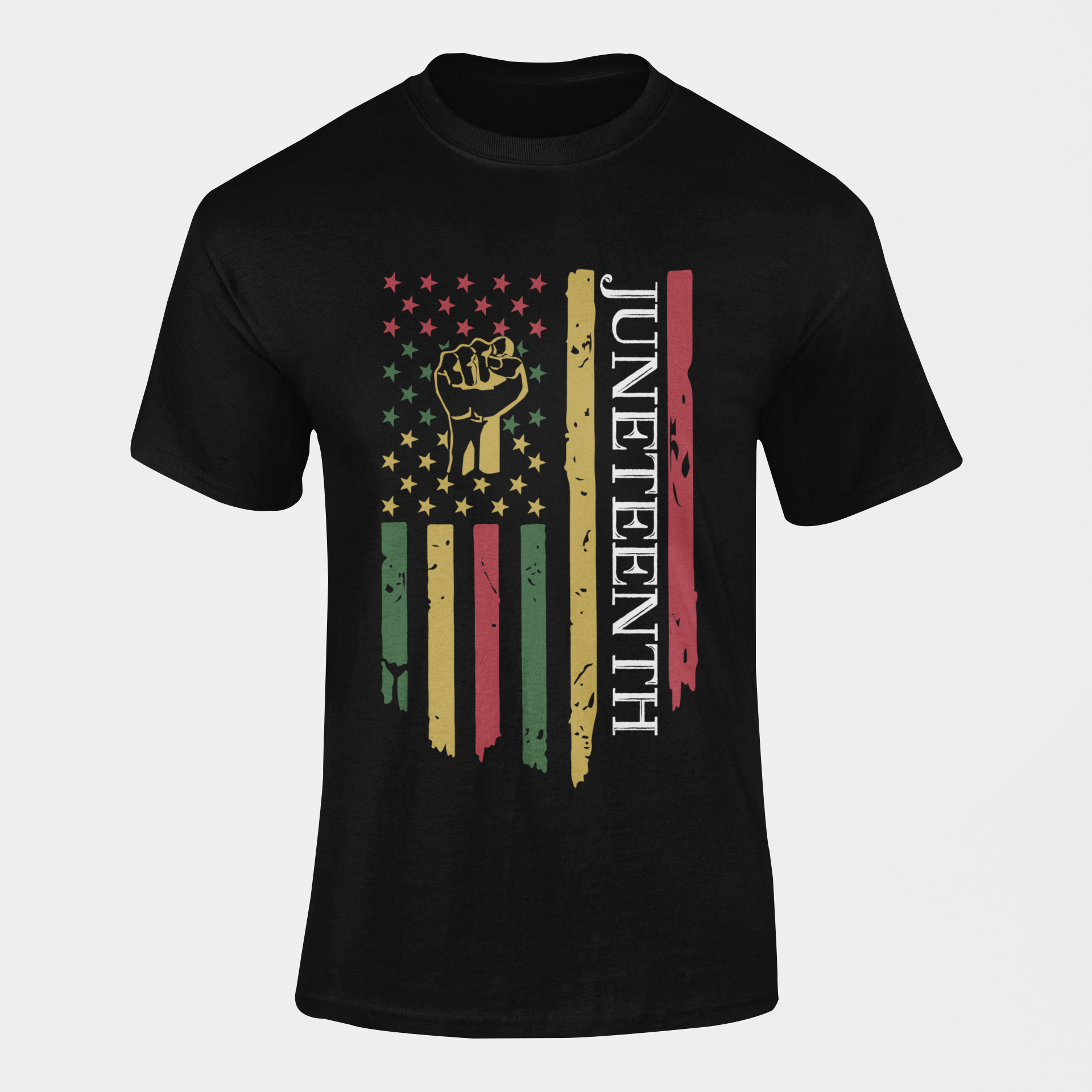 Black crewneck T-shirt with raised-fist flag graphic and vertical text