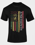 Black crewneck T-shirt with raised-fist flag graphic and vertical text
