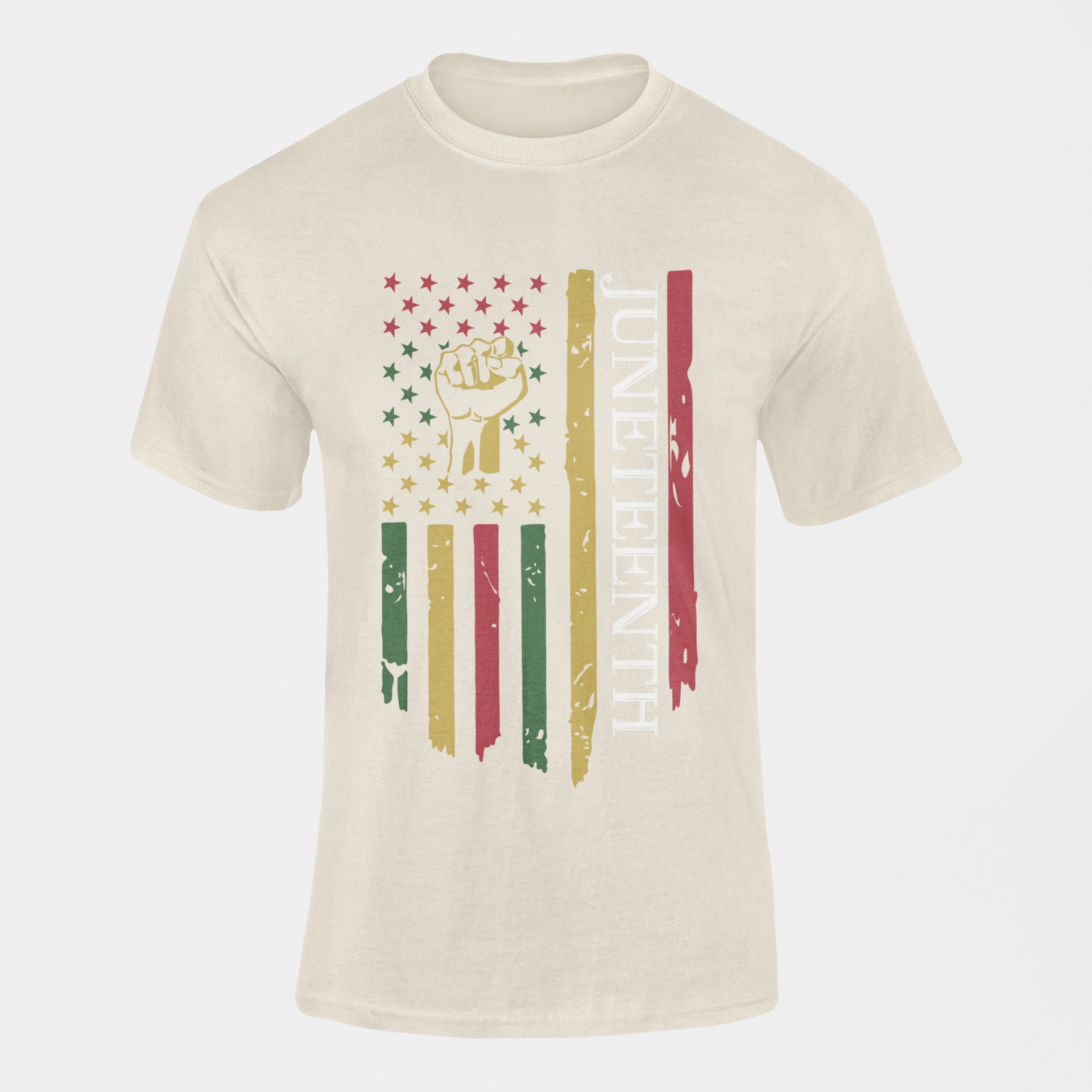 Natural crewneck T-shirt with raised-fist flag graphic and vertical text