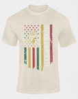 Natural crewneck T-shirt with raised-fist flag graphic and vertical text