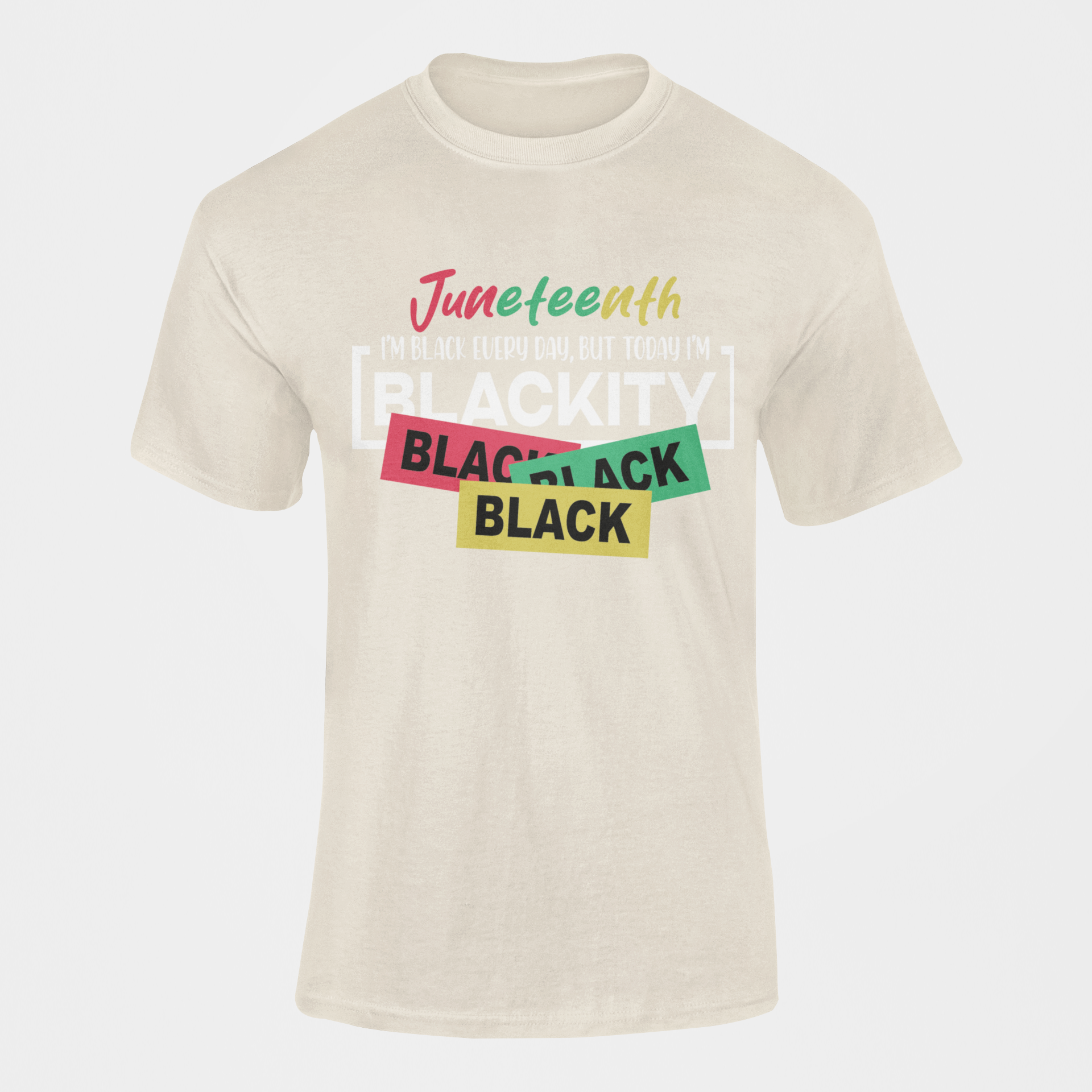 Natural graphic crewneck T-shirt with Juneteenth slogan and stacked word blocks