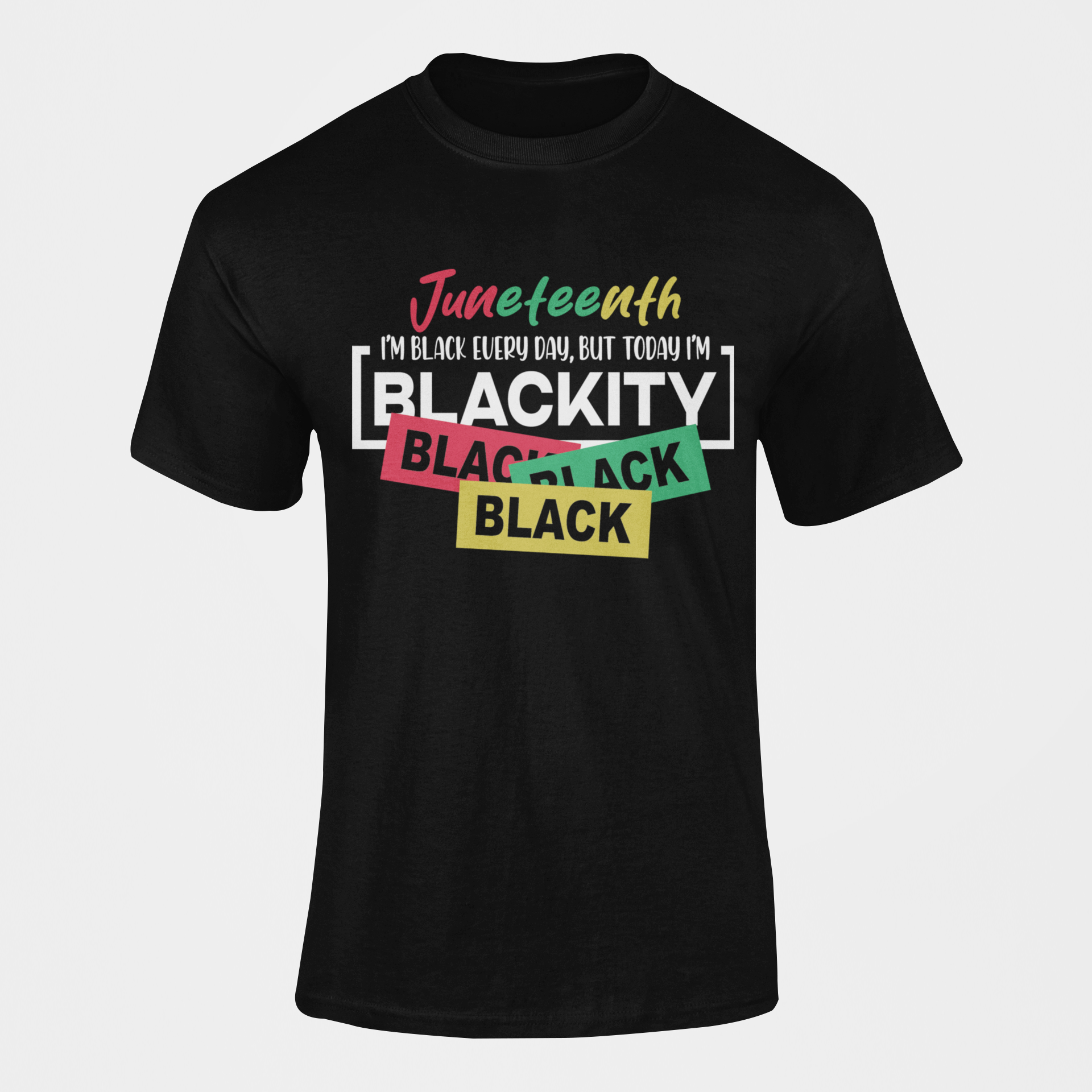 Black graphic crewneck T-shirt with Juneteenth slogan and stacked word blocks