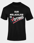 Black crewneck short sleeve T-shirt with bold 'OUR 