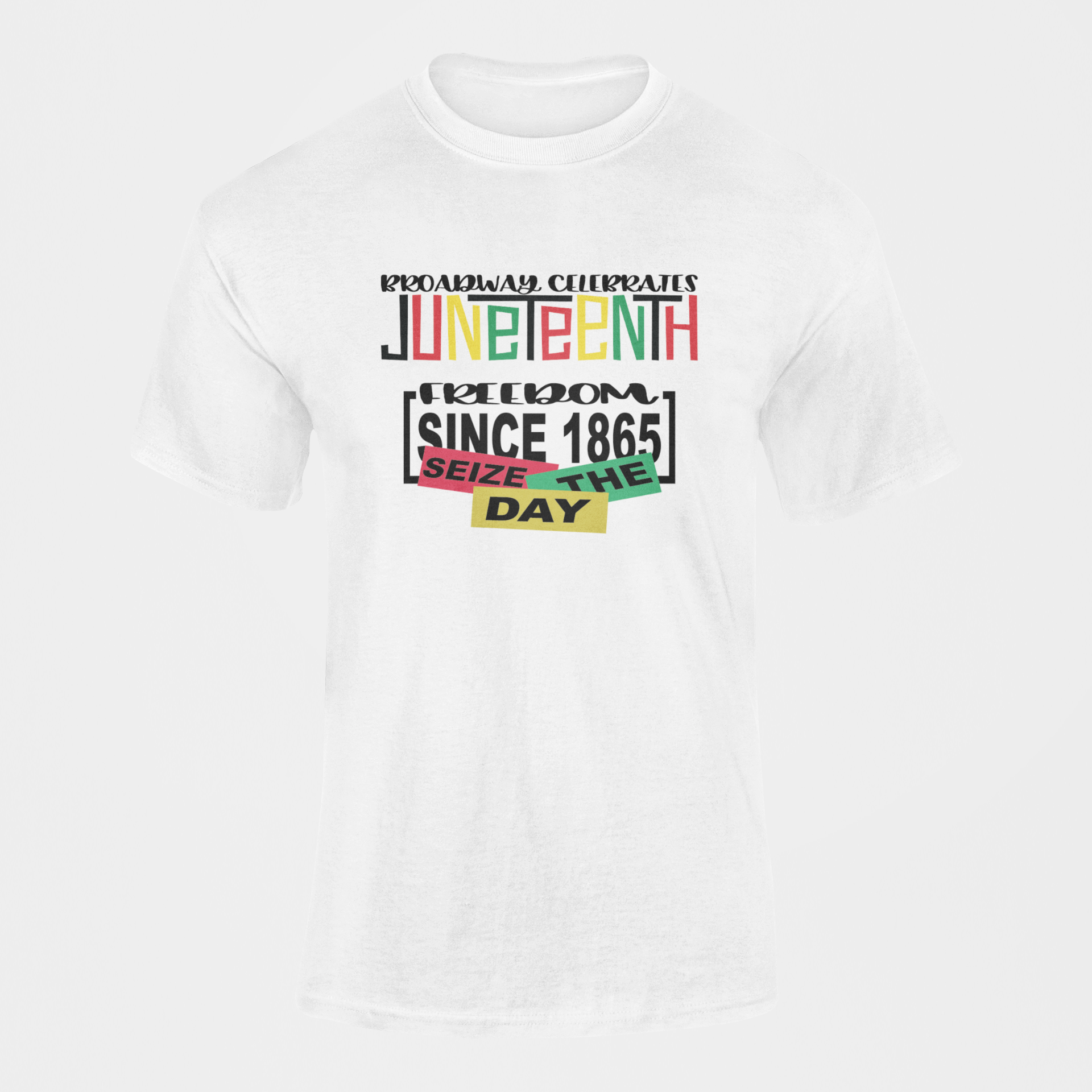 White short-sleeve crewneck T-shirt with centered 'Juneteenth' graphic print