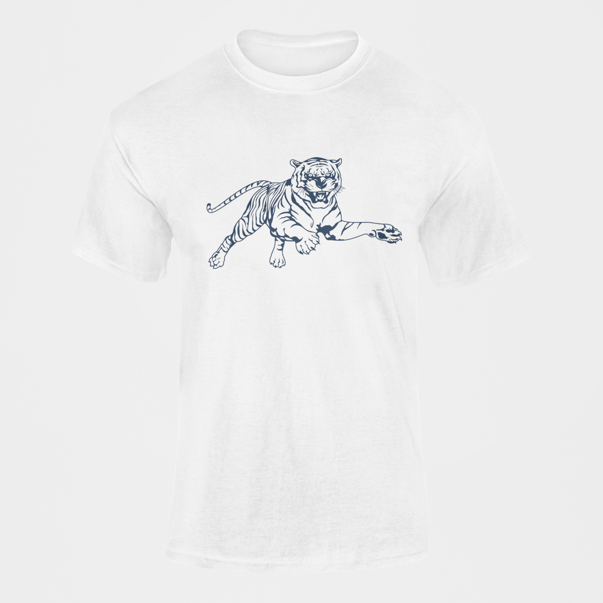 White short-sleeve T-shirt with leaping tiger graphic on the chest