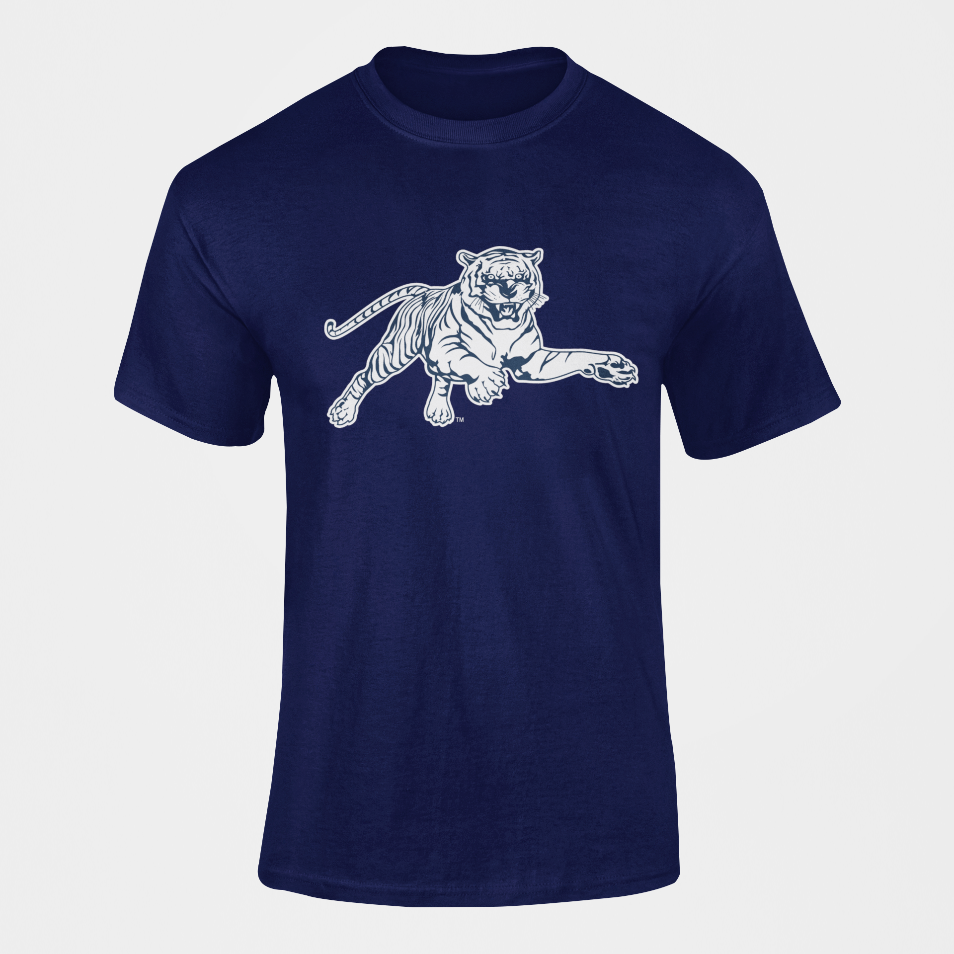 Navy short-sleeve T-shirt with leaping tiger graphic across the chest