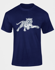 Navy short-sleeve T-shirt with leaping tiger graphic across the chest