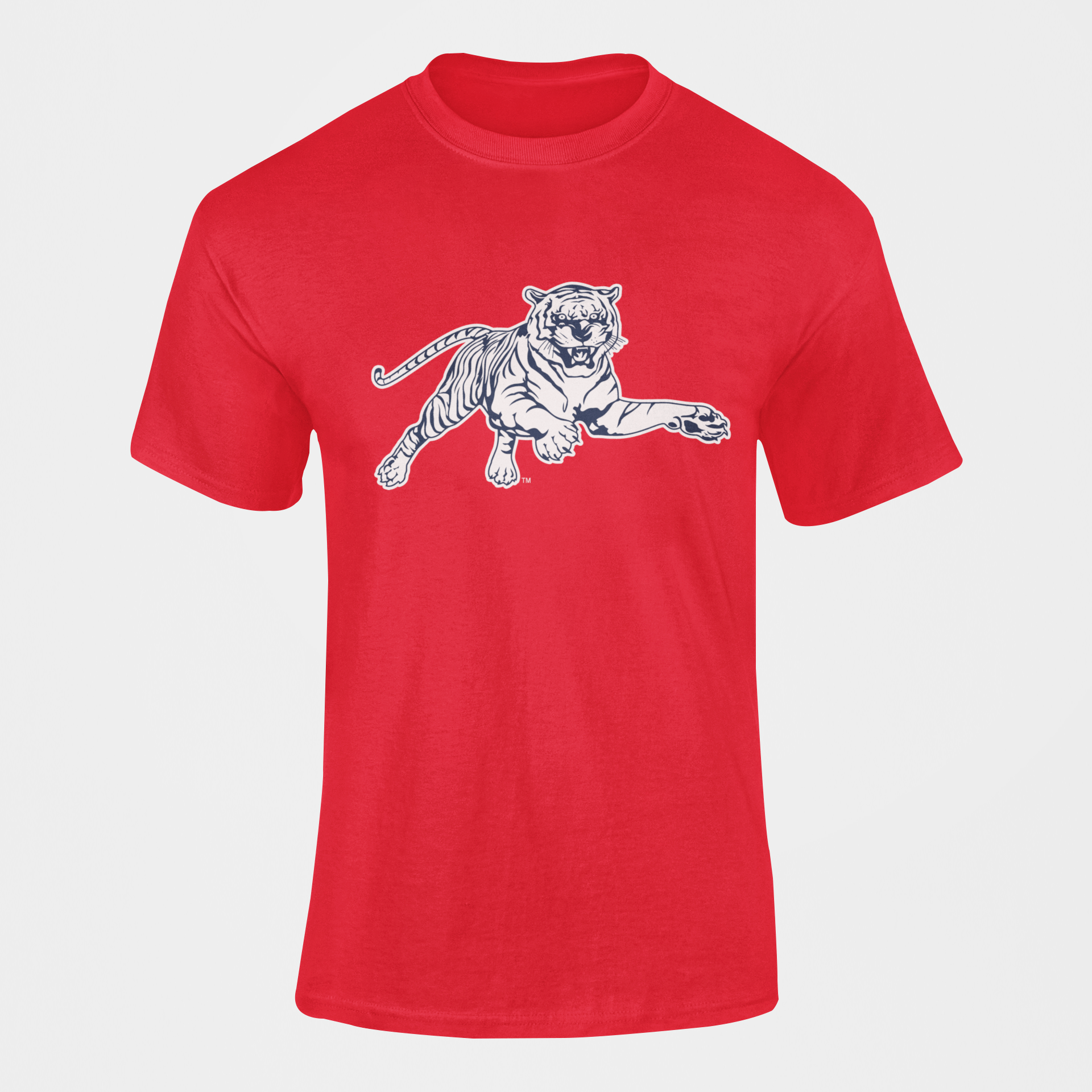 Red short-sleeve T-shirt with leaping tiger graphic on the chest