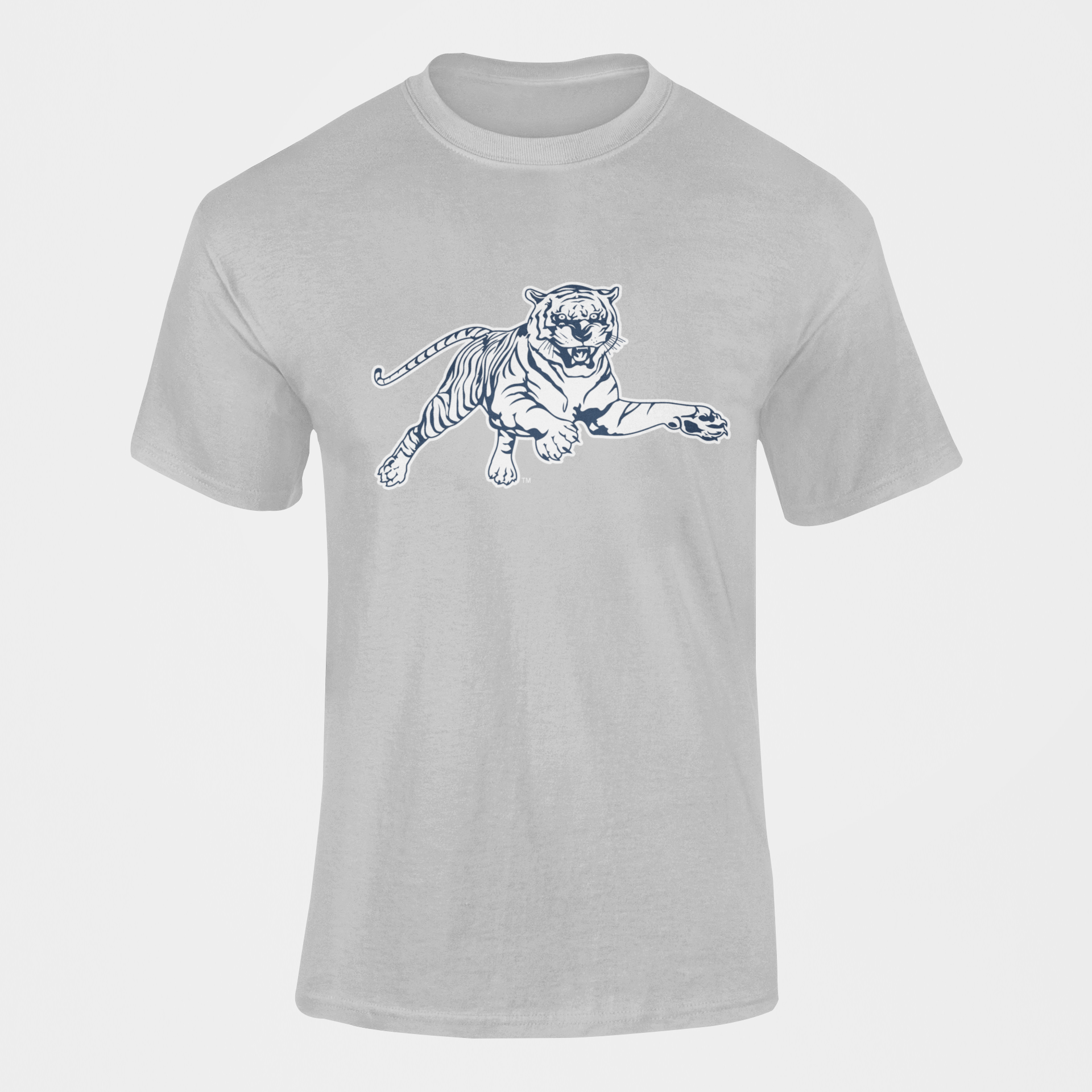 Light gray short-sleeve T-shirt with leaping tiger graphic on the chest