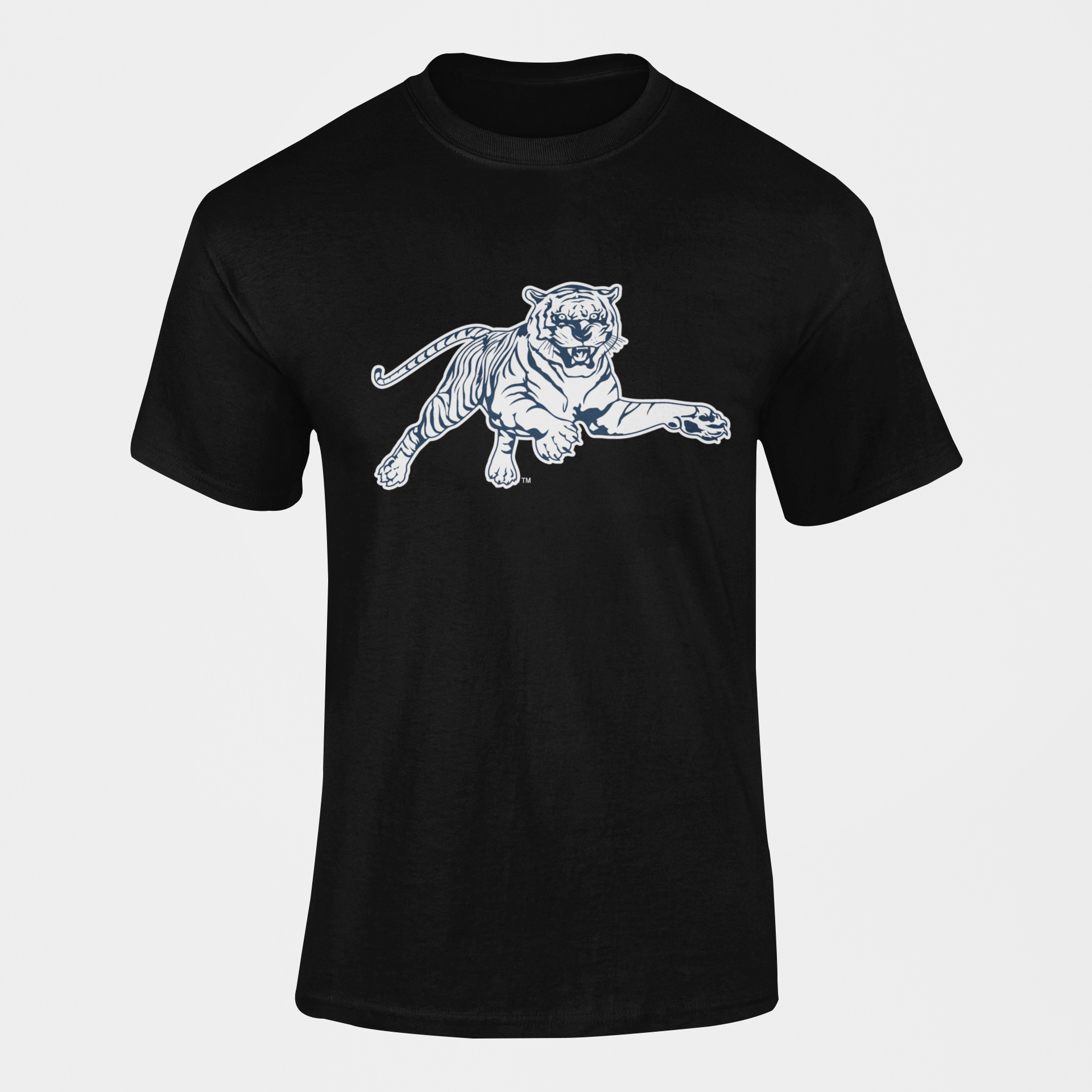 Black short-sleeve T-shirt with leaping tiger graphic on the chest