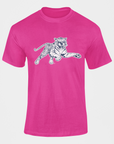 Pink short-sleeve T-shirt with leaping tiger graphic on the chest