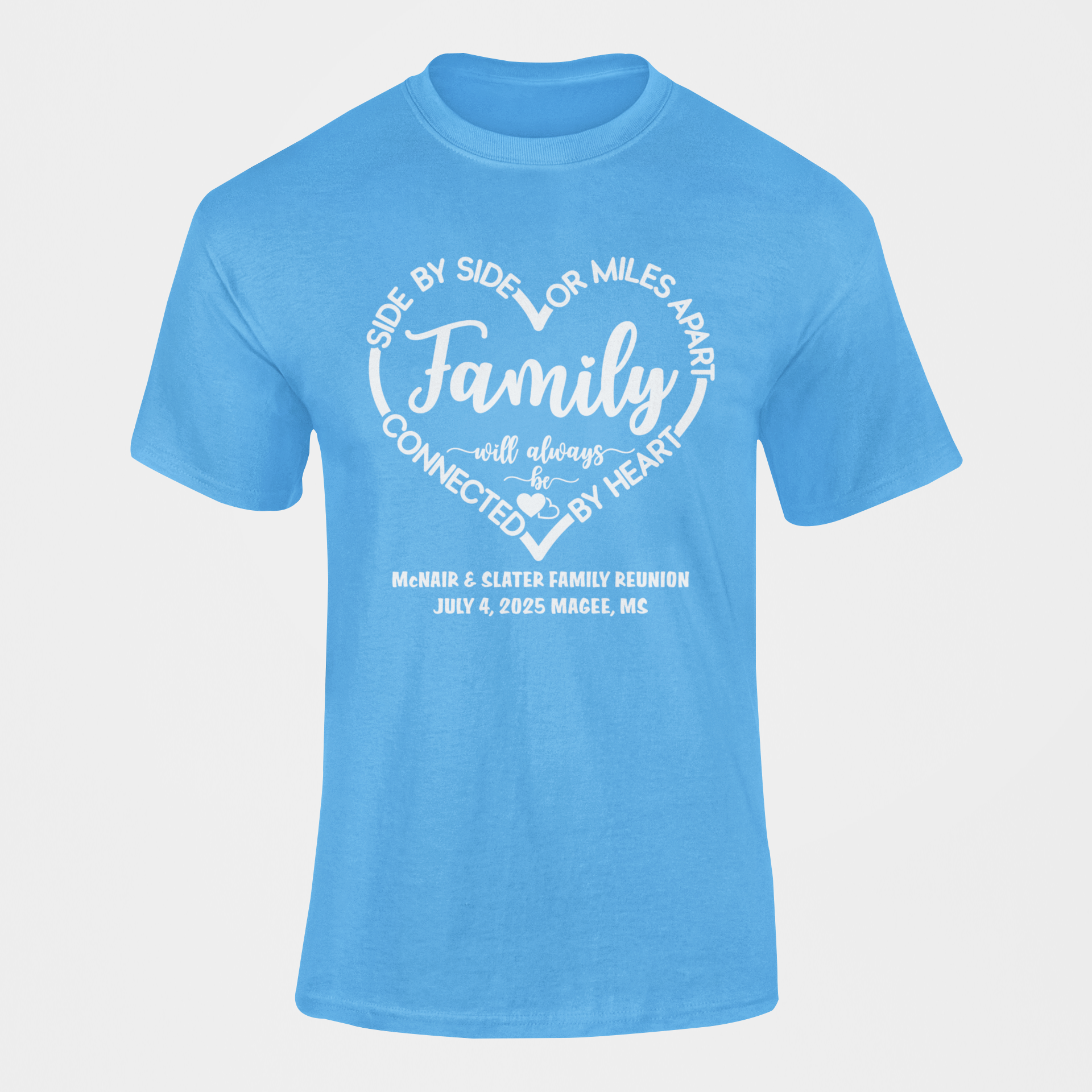 Carolina blue family reunion short-sleeve T-shirt with circular 'Family' graphic