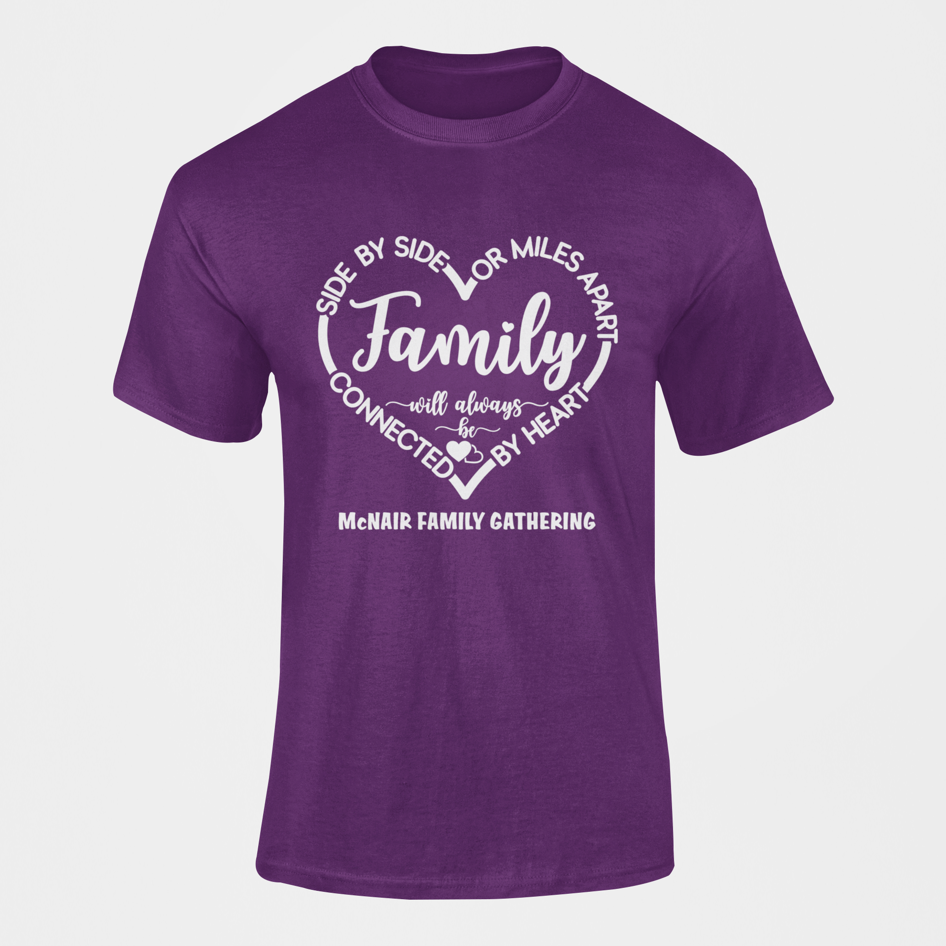 Purple family gathering T-shirt with Family heart graphic and McNair text