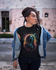 Black short-sleeve T-shirt with colorful portrait graphic, side view