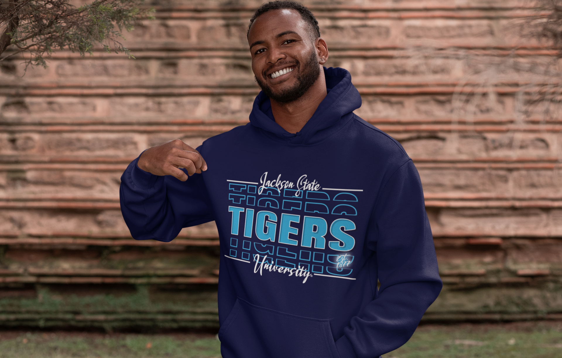 Navy pullover hoodie with front Tigers graphic, kangaroo pocket, and drawstring hood