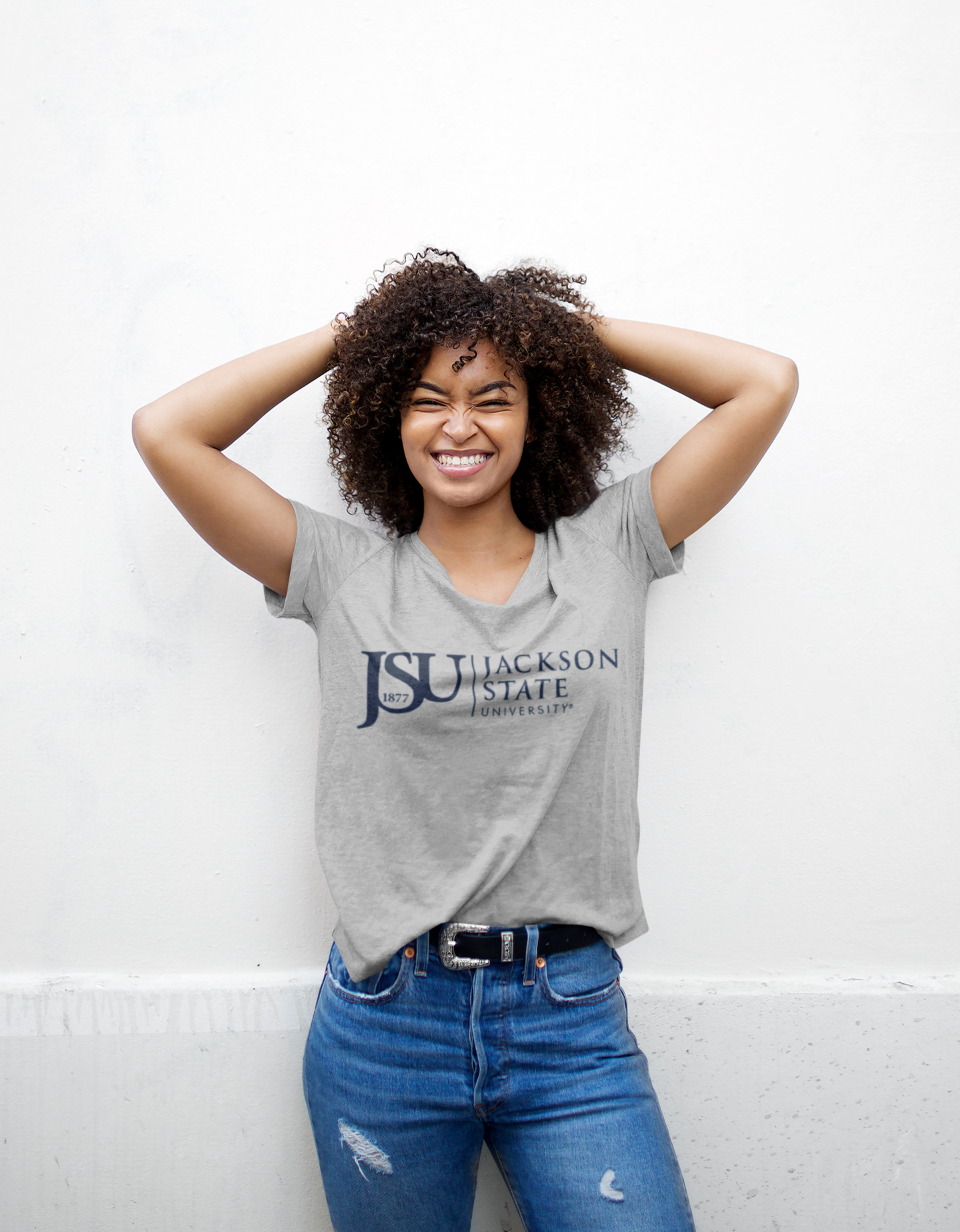 Athletic heather grey crew neck T-shirt with Jackson State crest logo on front