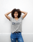 Athletic heather grey crew neck T-shirt with Jackson State crest logo on front