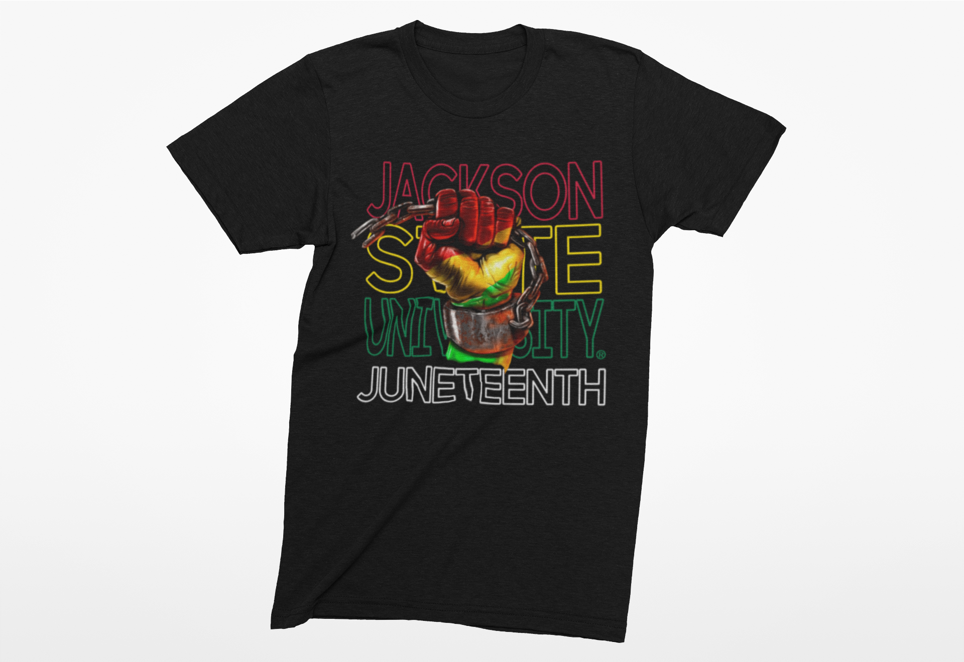 Black crewneck short-sleeve T-shirt with centered multicolor “Juneteenth” logo print