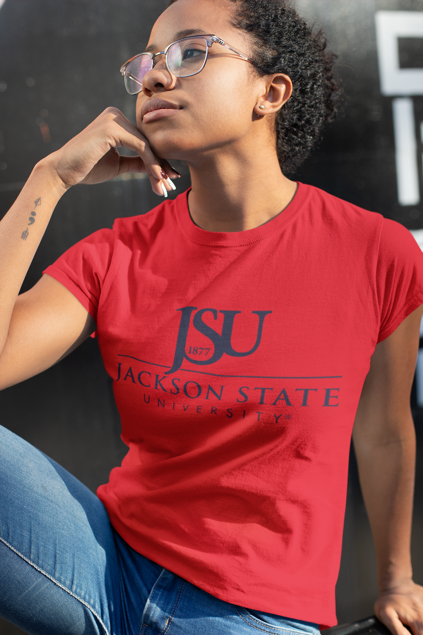 Unisex crew neck T-shirt, red with JSU logo print; short sleeves.