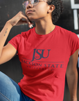 Unisex crew neck T-shirt, red with JSU logo print; short sleeves.