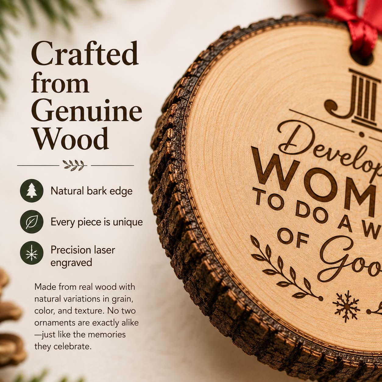 Close-up of natural wood slice ornament edge with laser-engraved Developing Women design