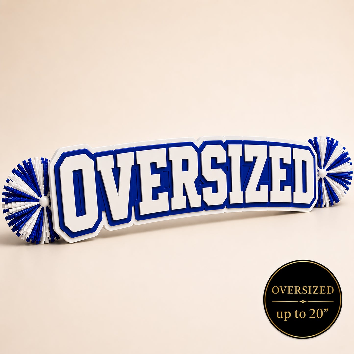 Oversized personalized acrylic name spirit stick from the Classic Collection featuring white, royal blue, and white three-layer acrylic with coordinating royal blue and white pom-poms, available up to 20 inches.