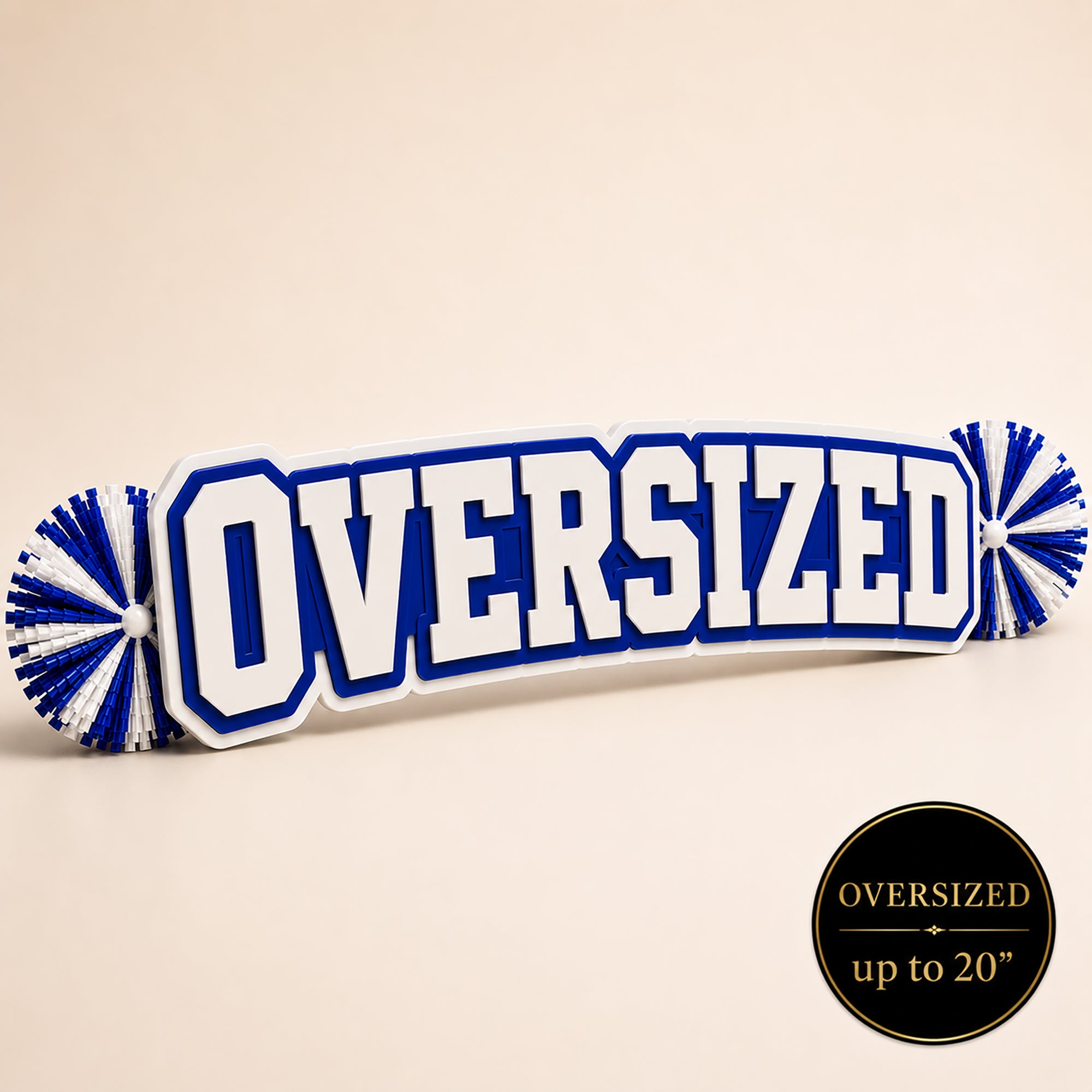 Oversized personalized acrylic name spirit stick from the Classic Collection featuring white, royal blue, and white three-layer acrylic with coordinating royal blue and white pom-poms, available up to 20 inches.