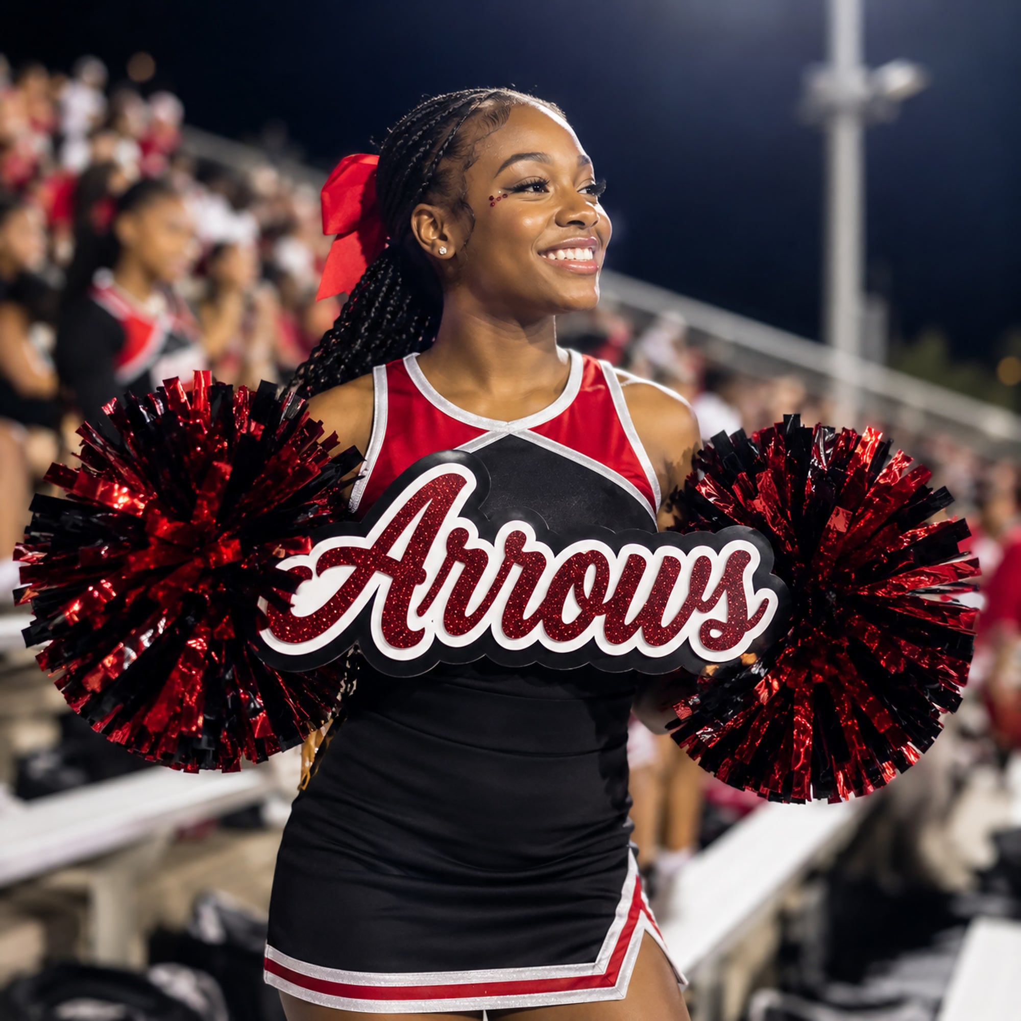 African American high school cheerleader holding a personalized acrylic mascot spirit stick in football stadium bleachers during a Friday night game.