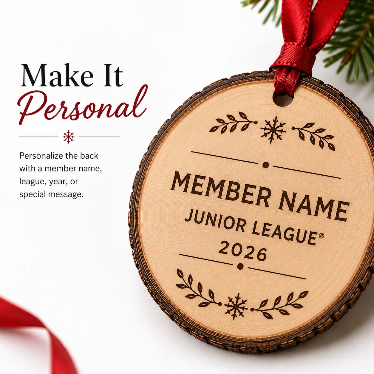 Personalized Junior League natural wood slice ornament with red ribbon and member name 2026