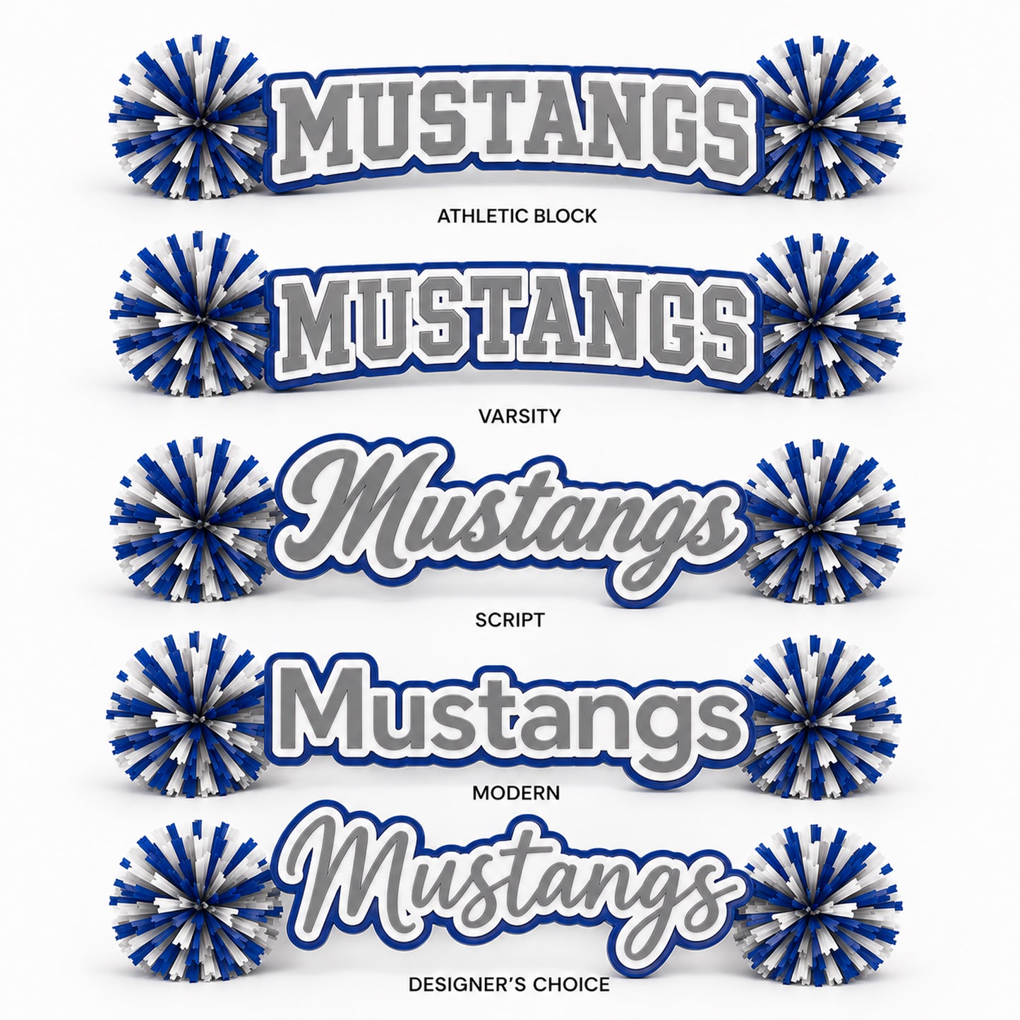Five personalized Mustangs acrylic spirit sticks displaying Athletic Block, Varsity, Script, Modern, and Designer's Choice font options.