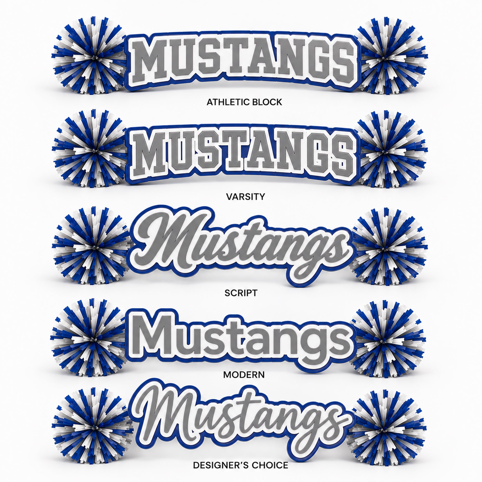 Five personalized Mustangs acrylic spirit sticks displaying Athletic Block, Varsity, Script, Modern, and Designer's Choice font options.