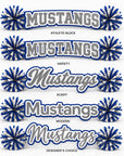 Five personalized Mustangs acrylic spirit sticks displaying Athletic Block, Varsity, Script, Modern, and Designer's Choice font options.