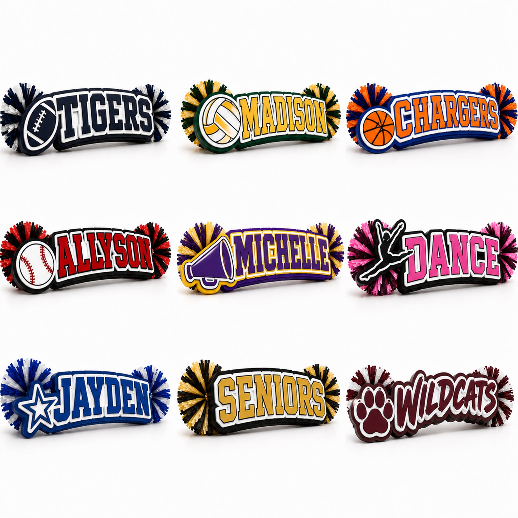 Nine personalized acrylic spirit stick designs featuring sports, cheer, dance, mascot, and senior themes in various school color combinations.