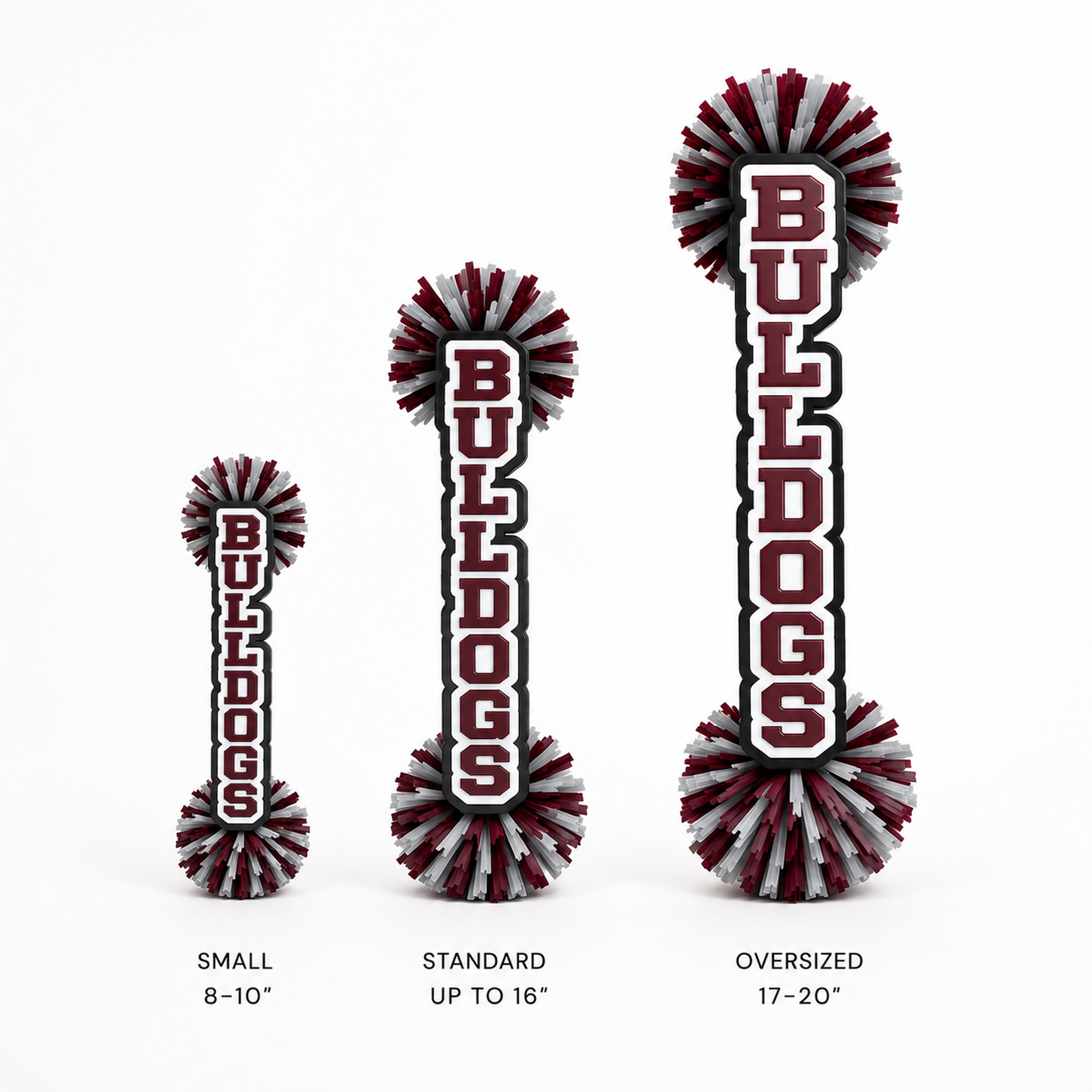 Small, standard, and oversized Bulldogs personalized acrylic spirit sticks displayed side by side for size comparison.