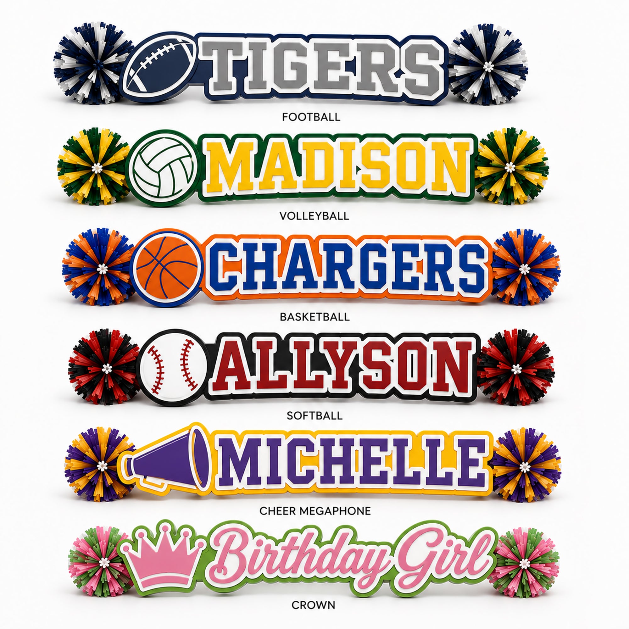 Collection of personalized acrylic spirit sticks featuring football, volleyball, basketball, softball, cheer megaphone, and crown icon designs.