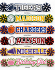 Collection of personalized acrylic spirit sticks featuring football, volleyball, basketball, softball, cheer megaphone, and crown icon designs.