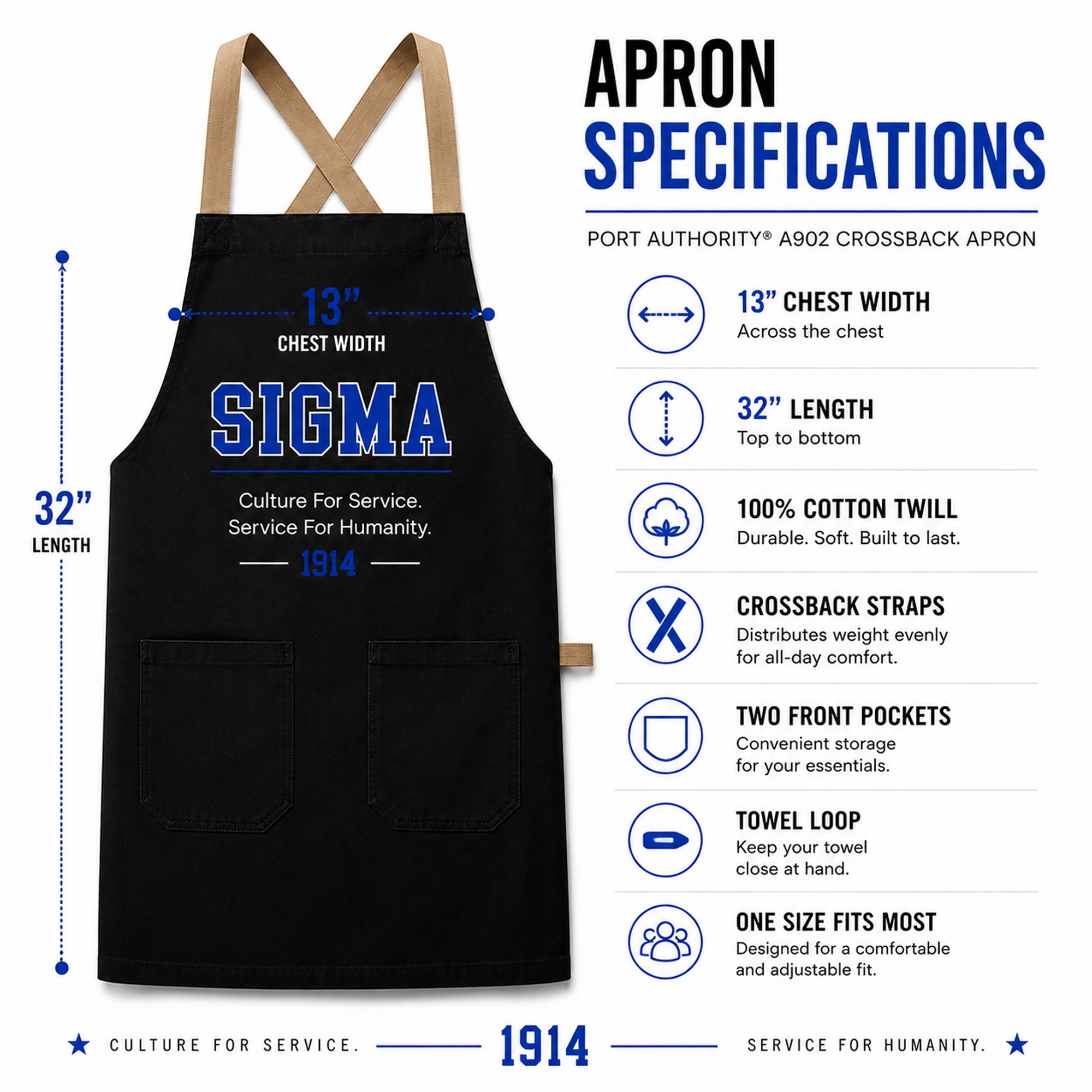 Black cotton twill apron specifications showing 32 inch length, 13 inch chest width, crossback straps, pockets, and towel loop