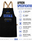 Black cotton twill apron specifications showing 32 inch length, 13 inch chest width, crossback straps, pockets, and towel loop