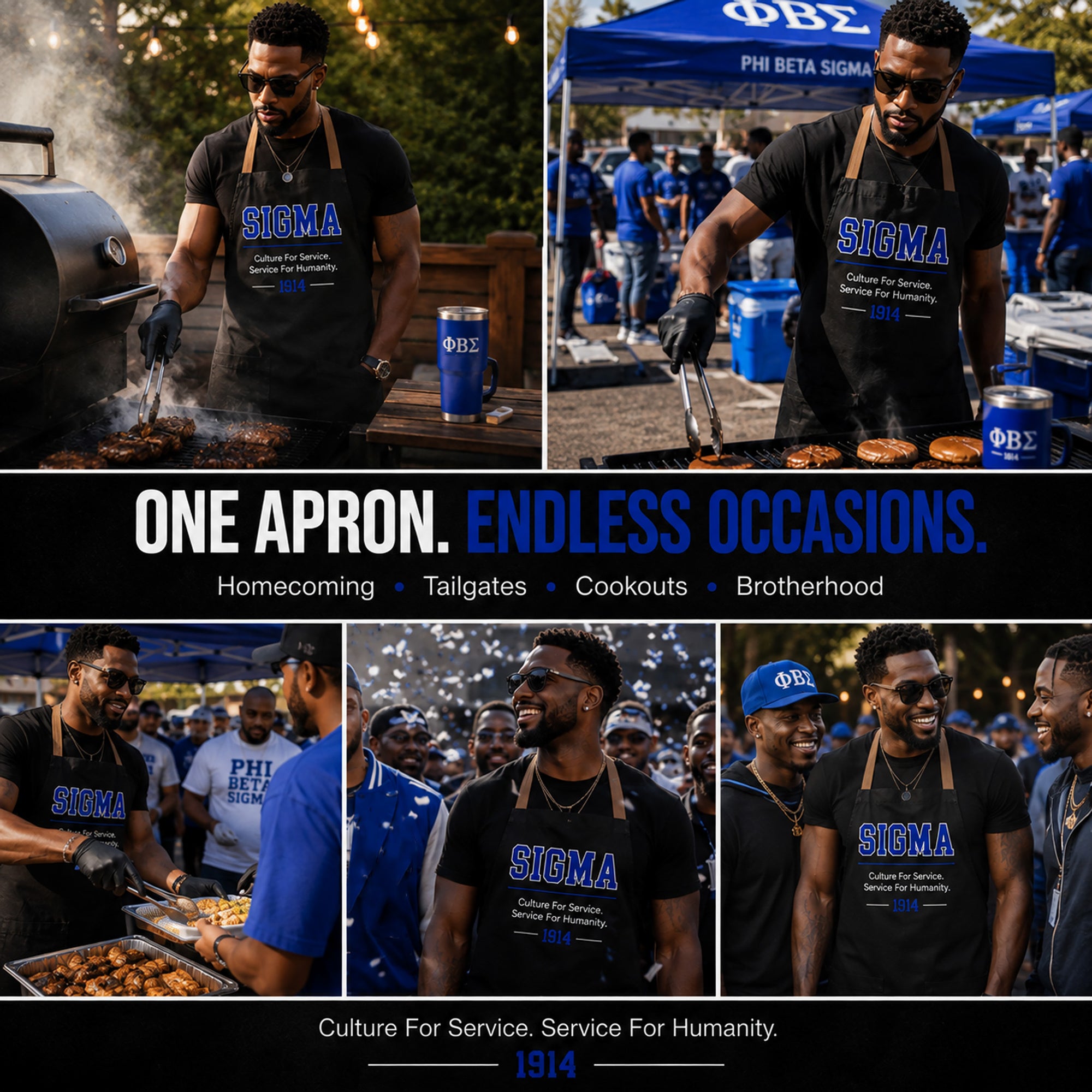 Phi Beta Sigma apron shown for homecoming, tailgates, cookouts, and brotherhood events