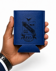 Hand holding a blue leather wallet with an embossed design on a white background