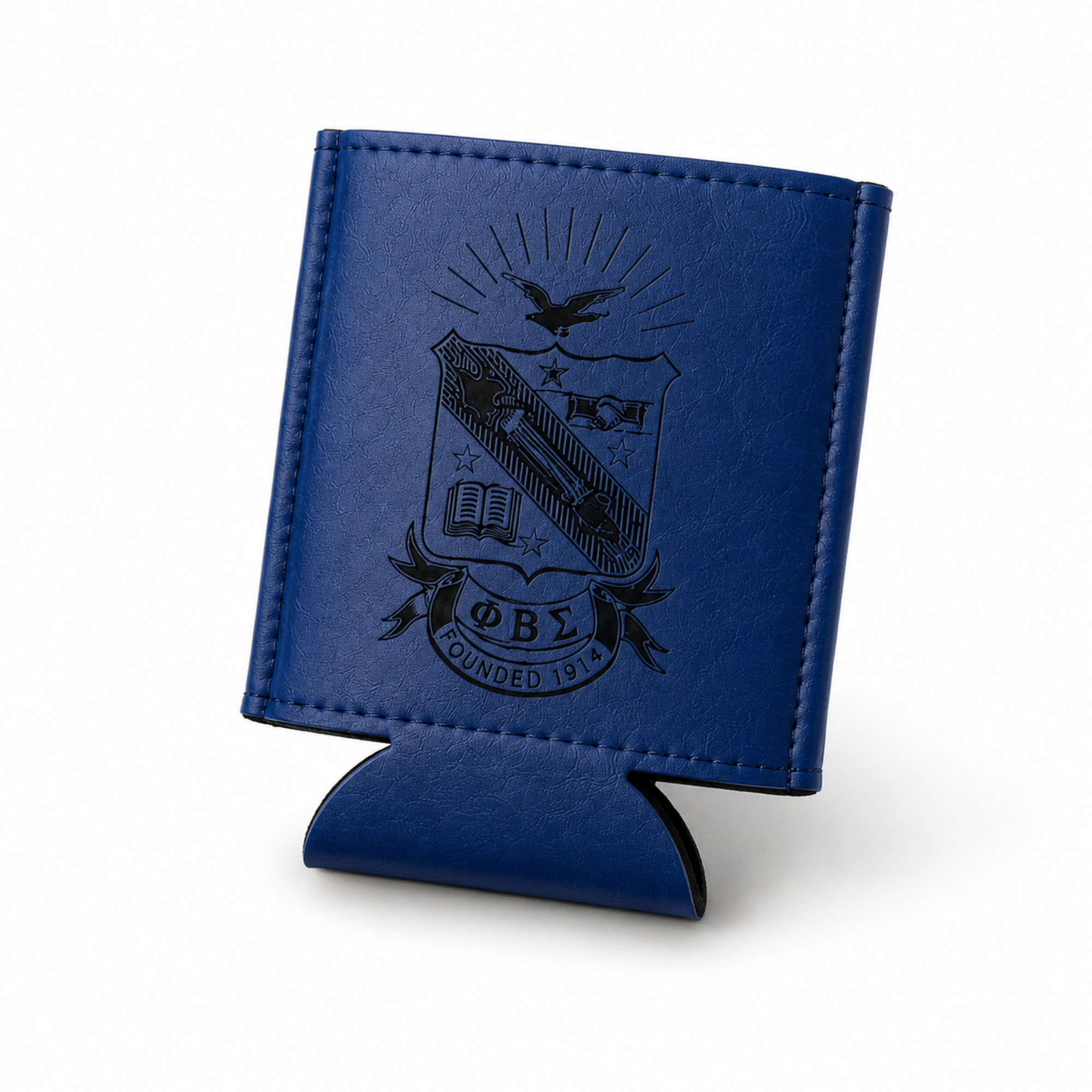 Blue can cooler with a logo on a white background