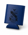 Blue can cooler with a logo on a white background