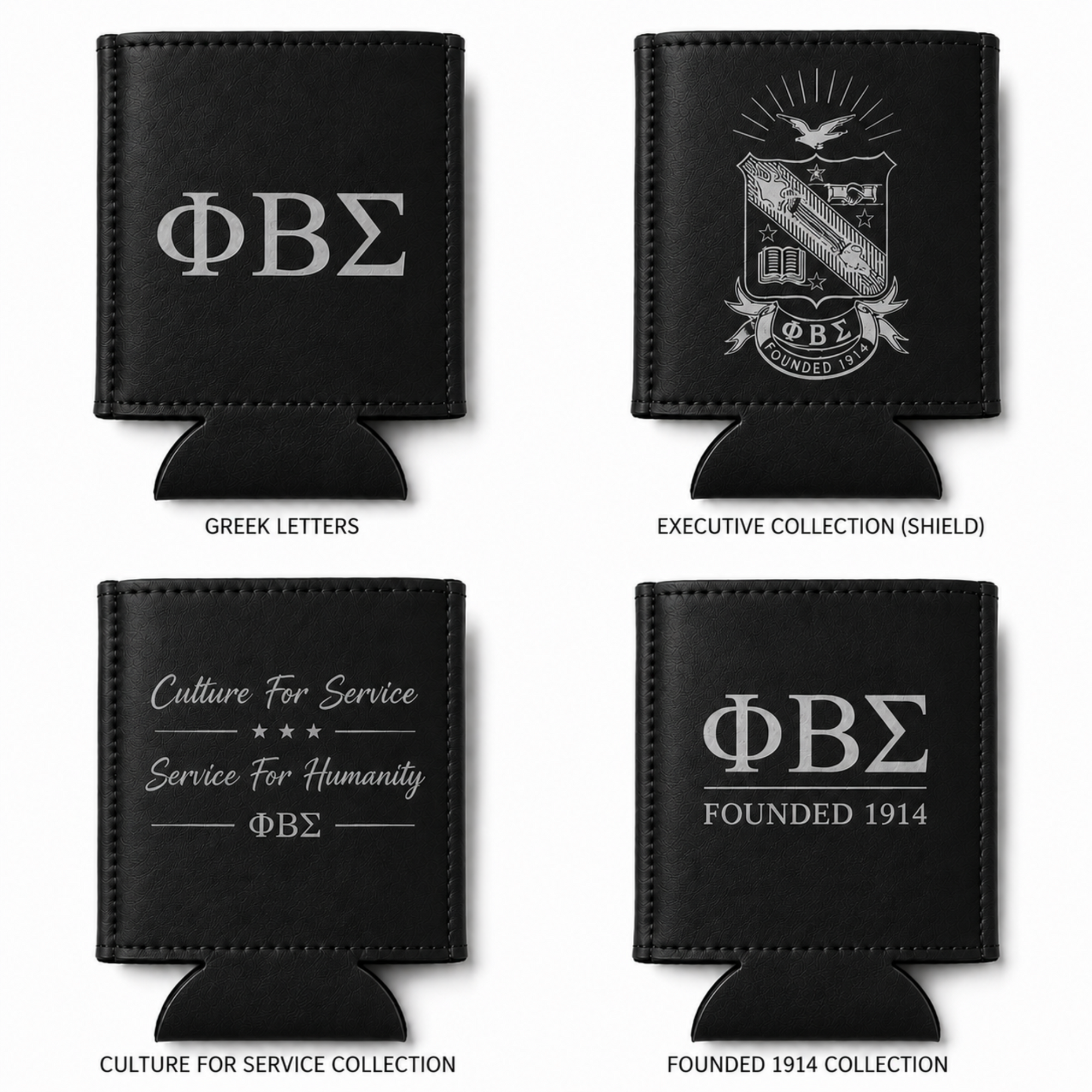 Phi Beta Sigma leatherette can holder available in black to silver color option
