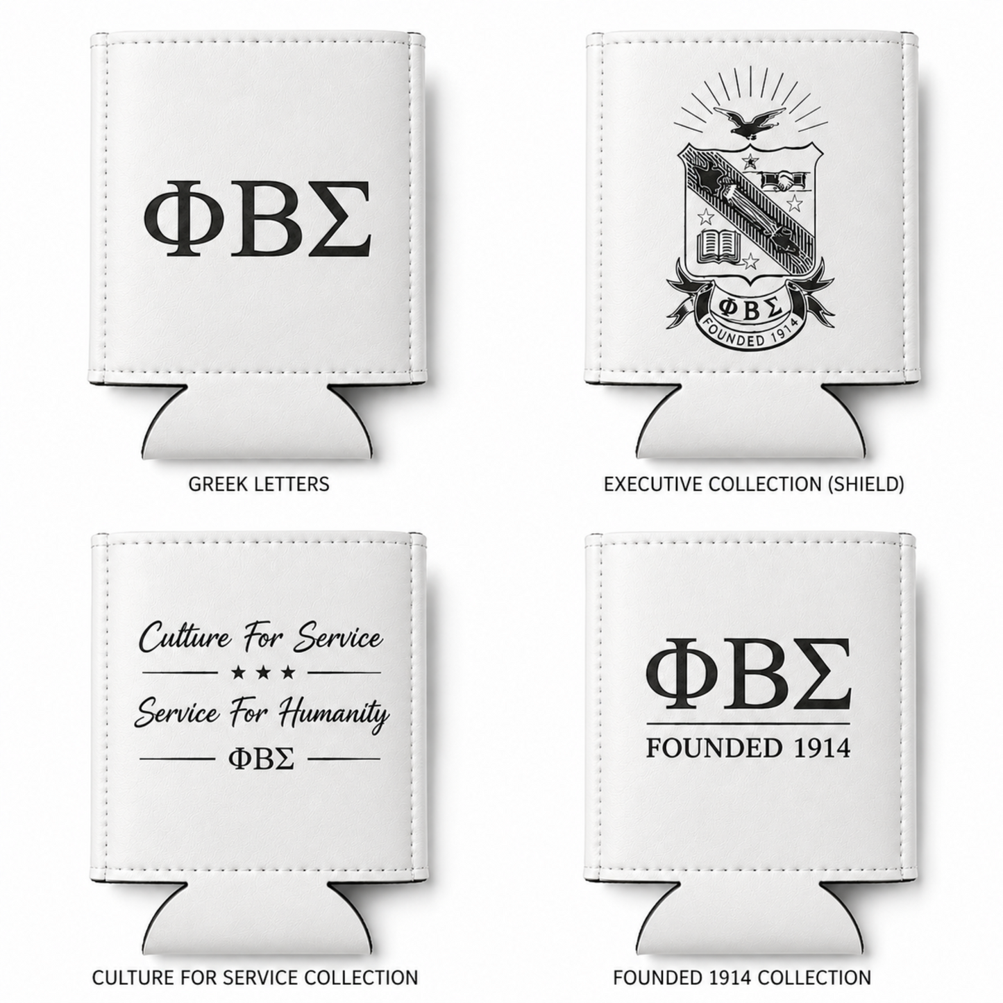 Phi Beta Sigma leatherette can holder available in white color option