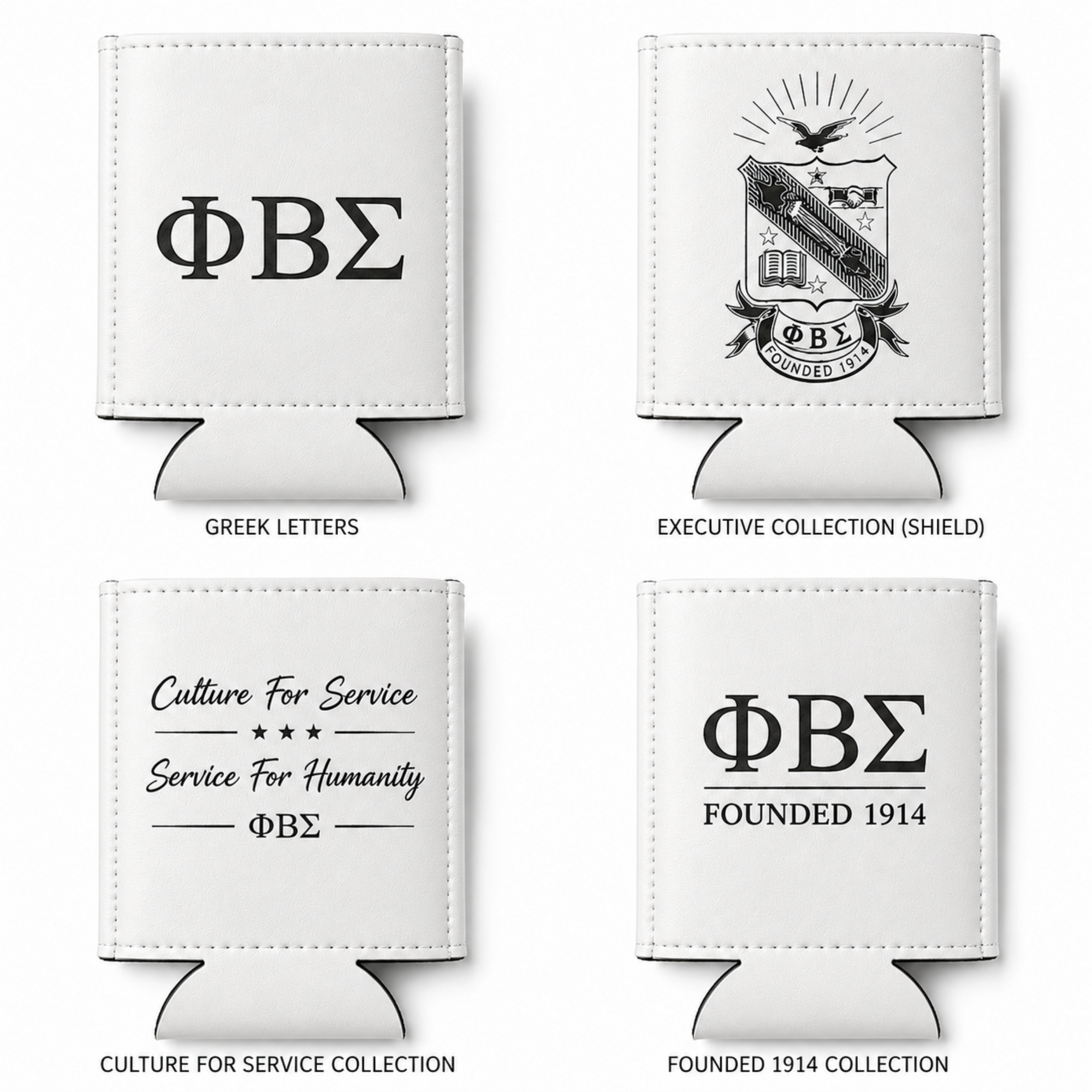 Phi Beta Sigma leatherette can holder available in white color option